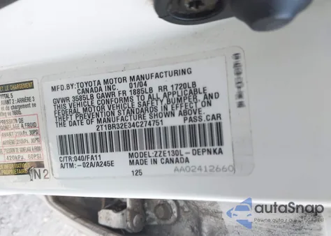 2004 Toyota Corolla Le z USA, uszkodzony, nr VIN 2T1BR32E34C274751